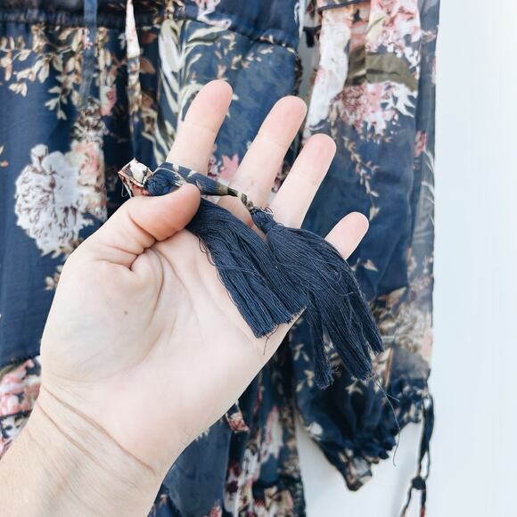 ASOS Tiered Chiffon Sheer Long Sleeve Midi Dress Navy Floral 2 Boho Flowy - Picture 10 of 12